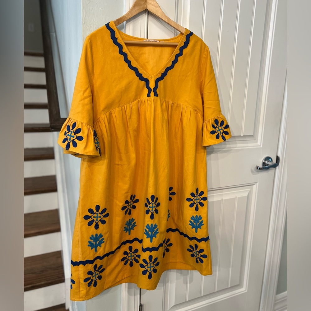Soft Surroundings Petra Short Dress Women’s Large Yellow Embroidered Boho Tunic - Picture 5 of 6